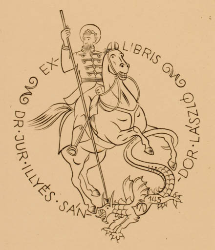 Exlibris by Arpad Daniel Nagy from Hungary for Sàndor Laszlò Dr. Illyès - Fable Animal Horse Horseman/Rider Sct.G. and the Dragon 