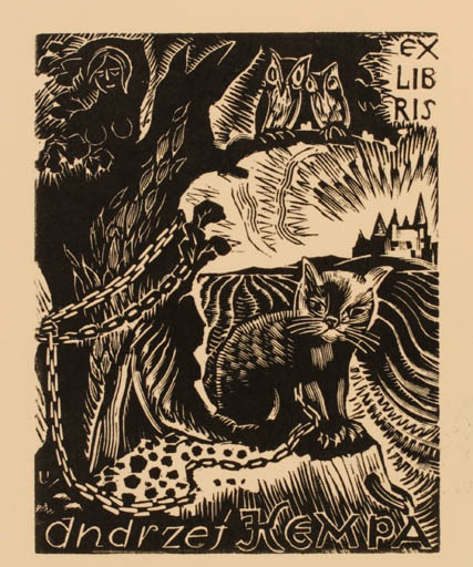 Exlibris by Peteris Upitis from Latvia for Andrzej Kempa - Cat Tree Owl 