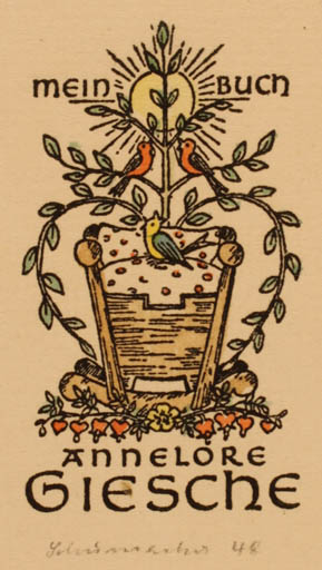 Exlibris by Elisabeth Schumacher from Germany for Annelore Giesche - Flower Bird Sun 